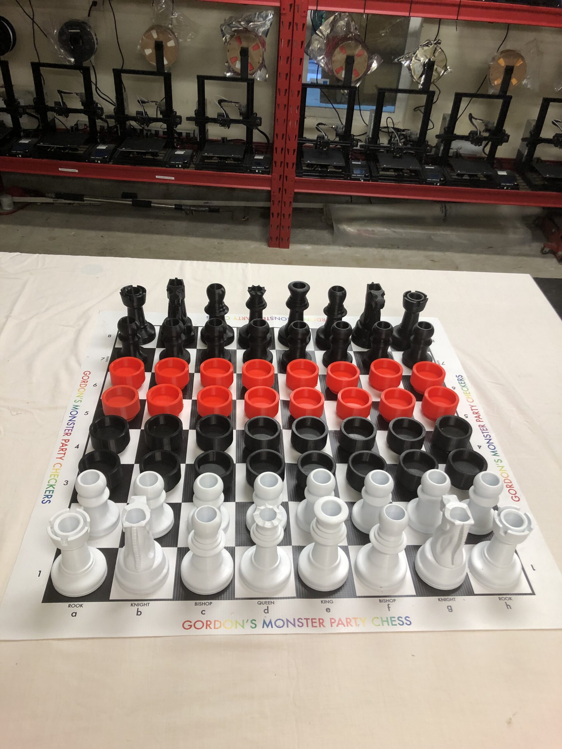 Large Custom 3D White and Black Custom Printed Chess and Checkers Games including a 15 x 15 inch Black and White Vinyl Board.