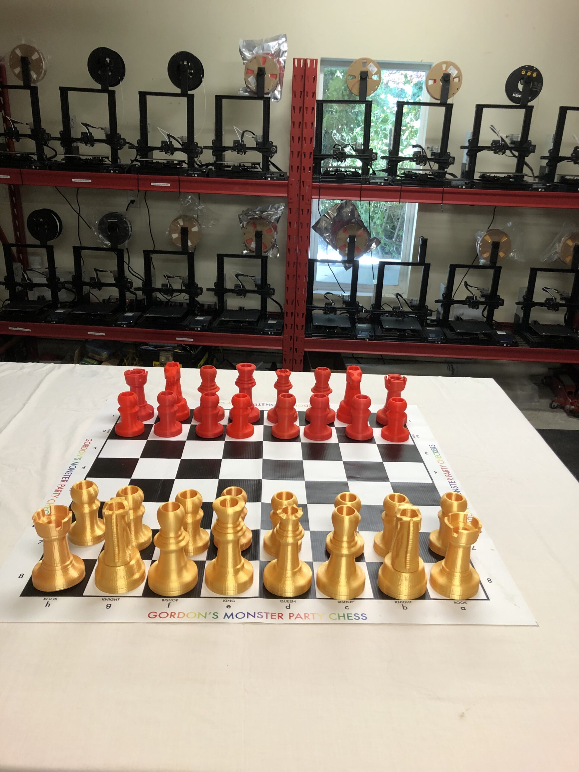 Large Custom 3D Printed Gold and Red Party Chess Game. Includes a 15 x 15 inch Vinyl Board.