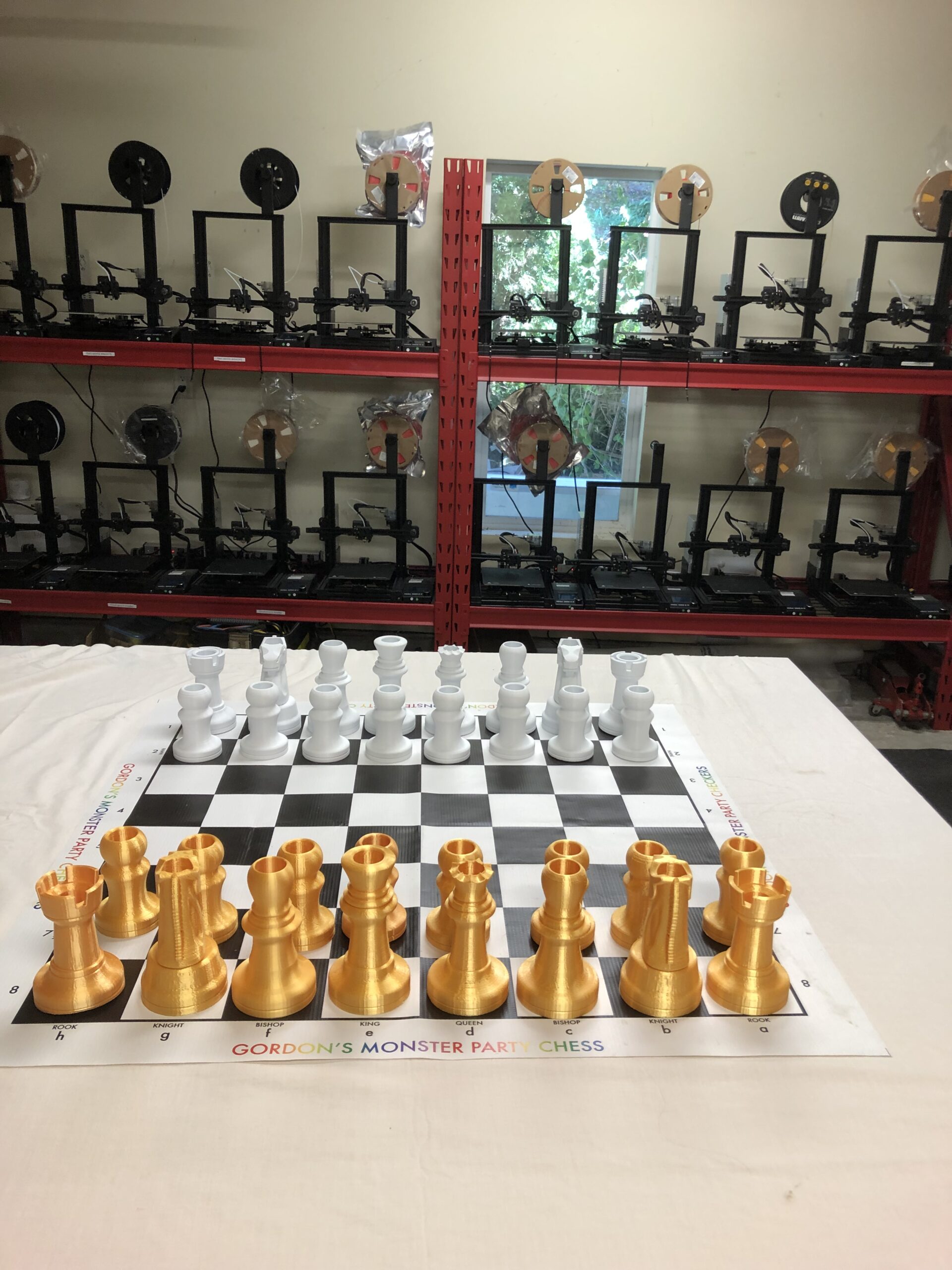 Large Custom 3D Printed Gold and White Party Chess Game. Includes a 15 x 15 inch Black and White Vinyl Board.