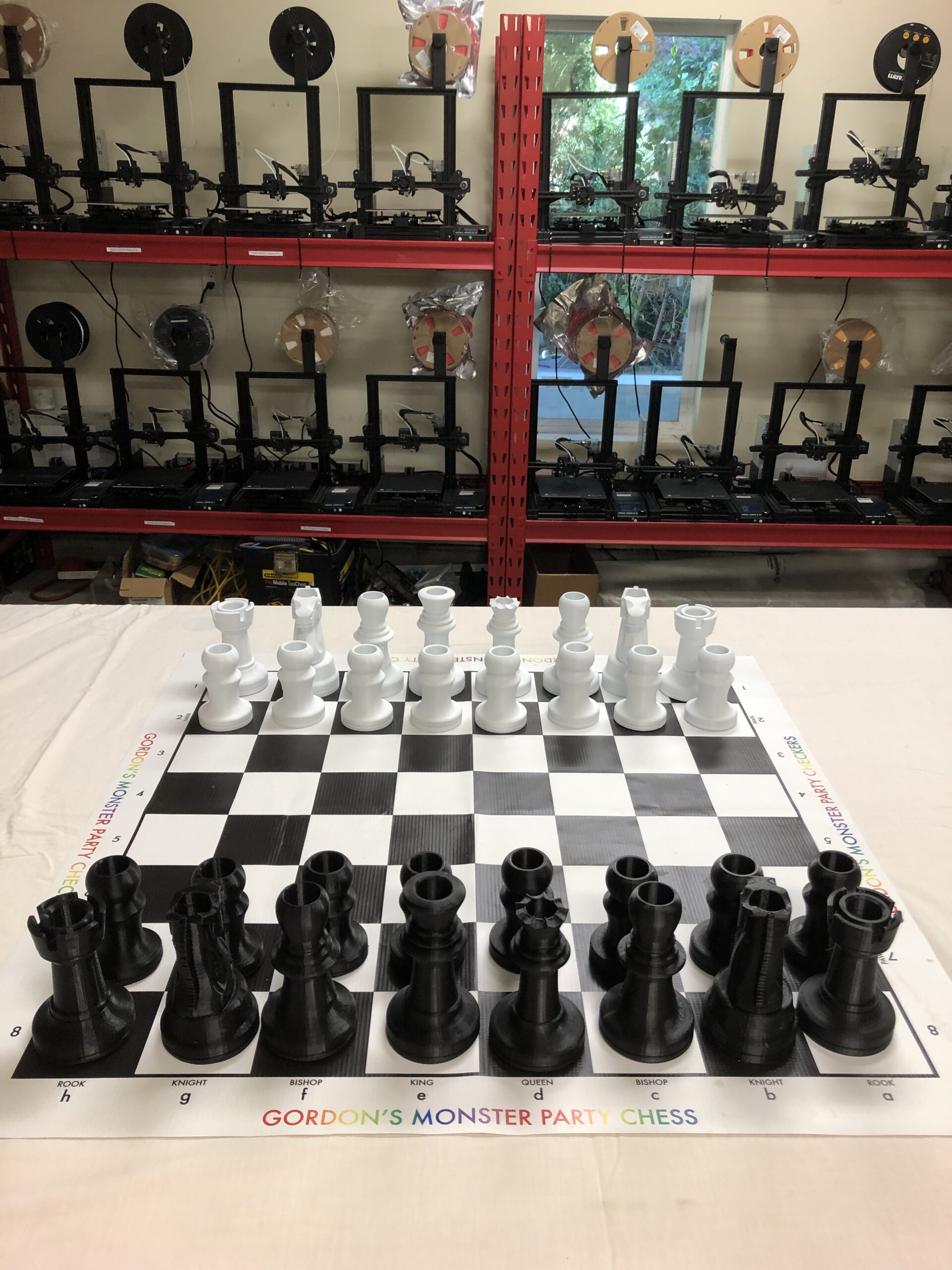 Large Custom 3D Printed Black and White Party Chess Game. Includes a 15 x 15 inch Black and White Vinyl Board.