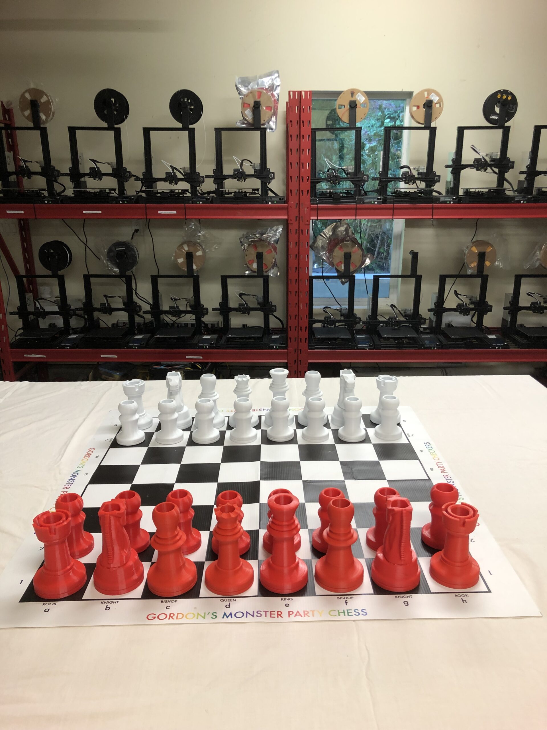Large Custom 3D Printed Red and White Party Chess Game. Includes a 15 x 15 inch Black and White Vinyl Board.