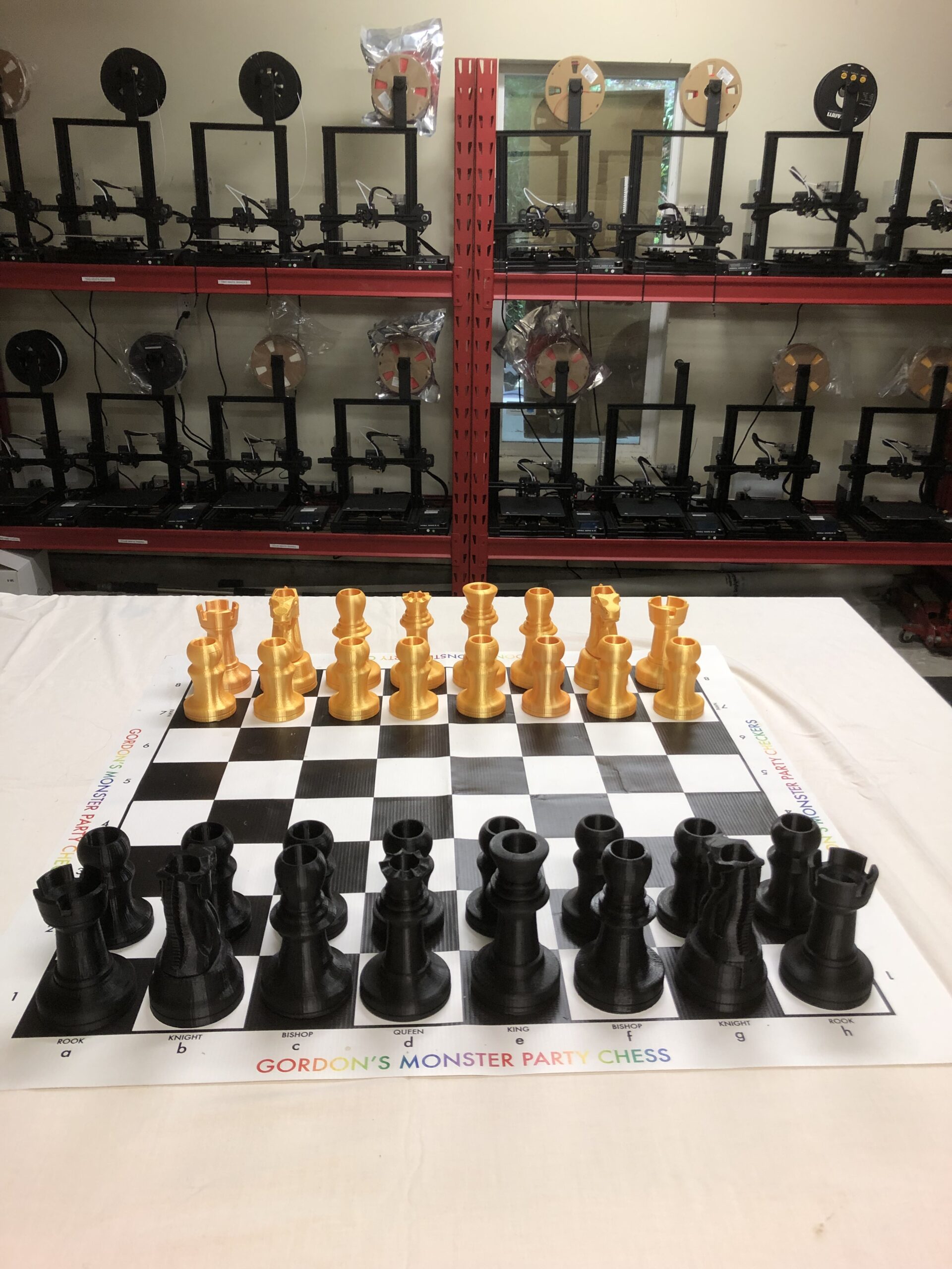 Large Custom 3D Printed Black and Gold Party Chess Game. Includes a 15 x 15 inch Vinyl Board.