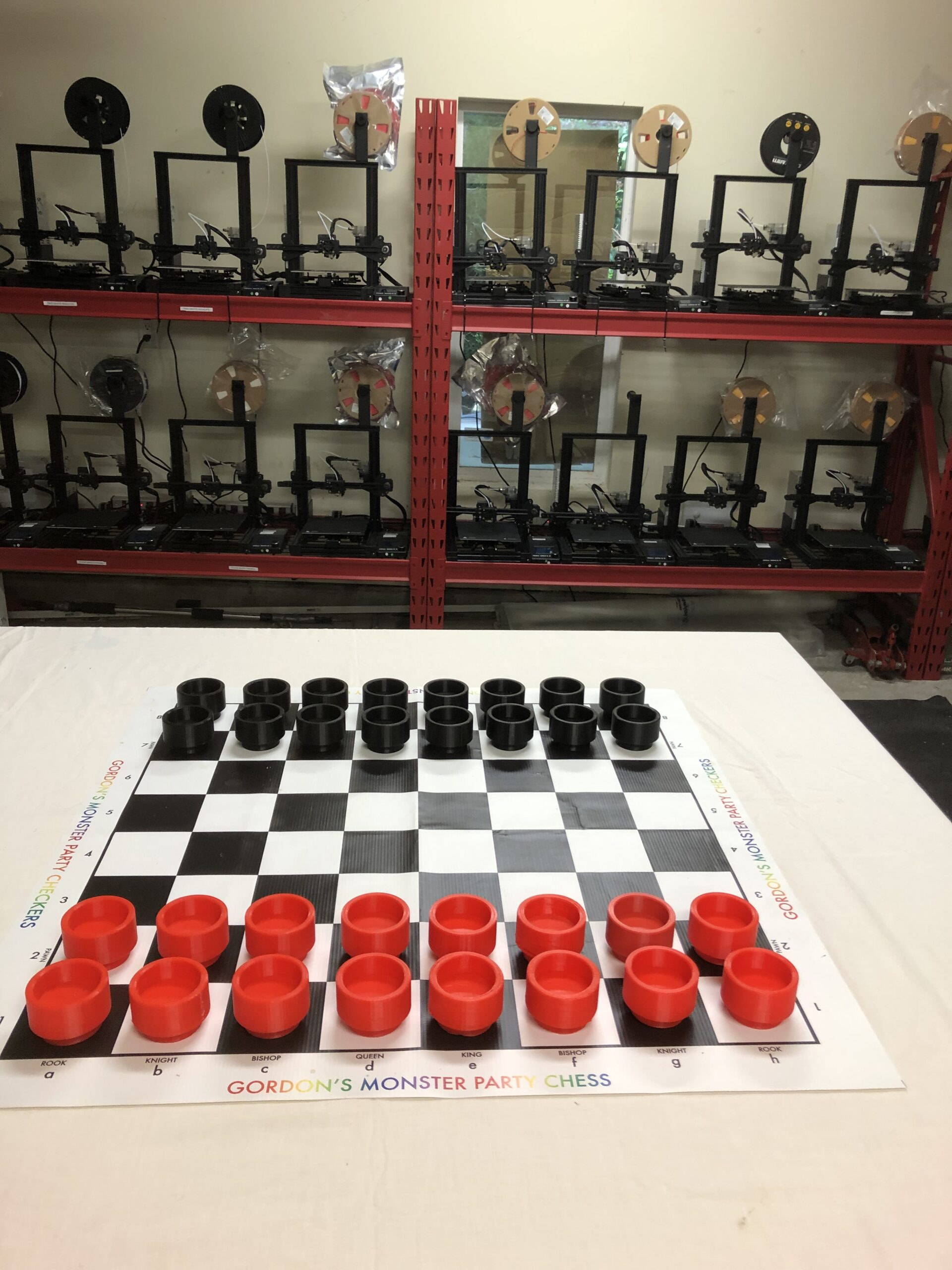 Large Custom 3D Printed Black and Red Checkers Game. Includes a 15 x15 inch Black and White Vinyl Board.